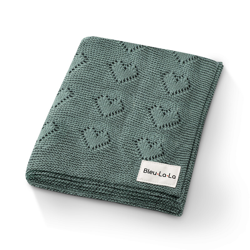 Bleu La La 100% Luxury Cotton Heart Pointelle Baby Blanket- Sage