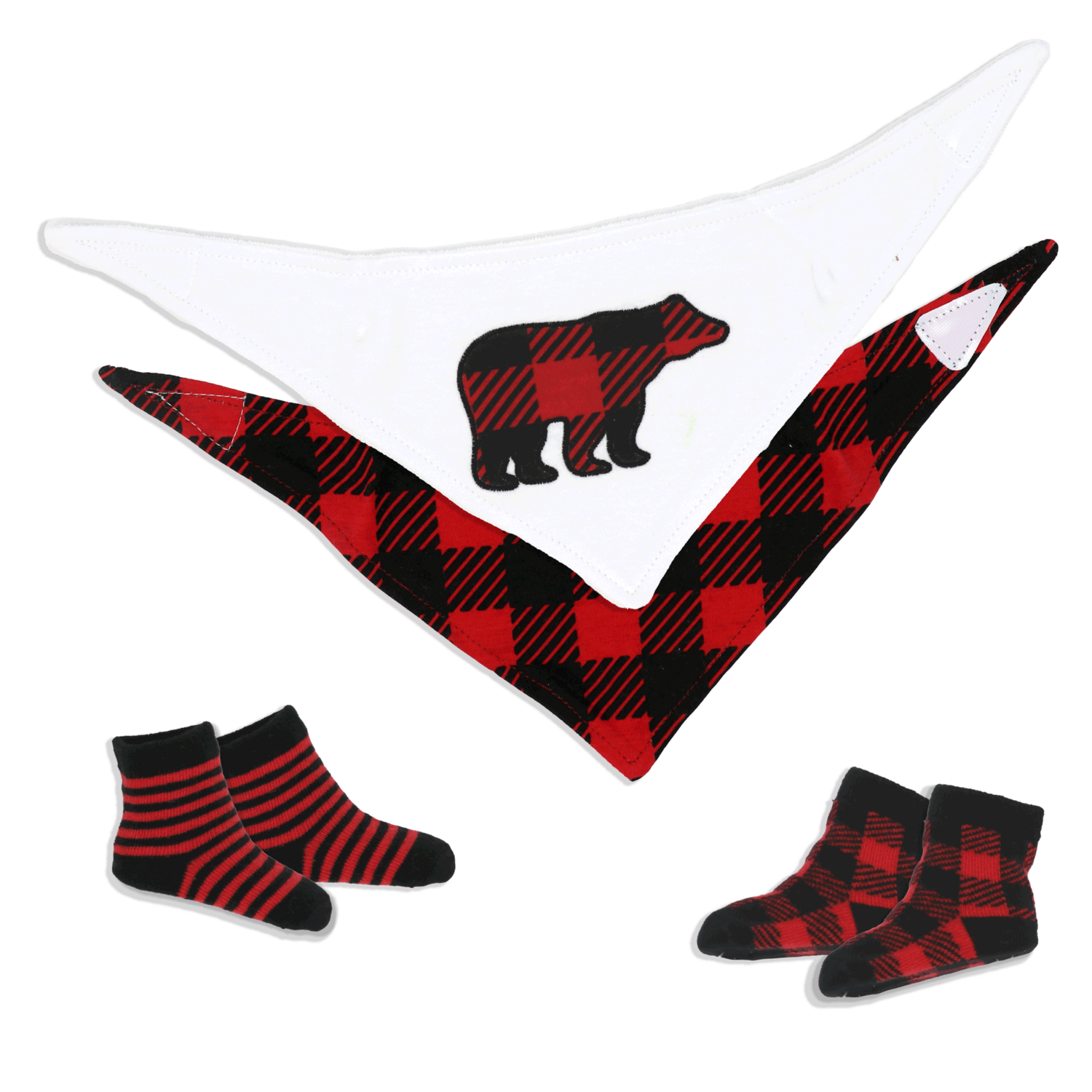 Buffalo Plaid Bear 4-piece Bib and Sock Set