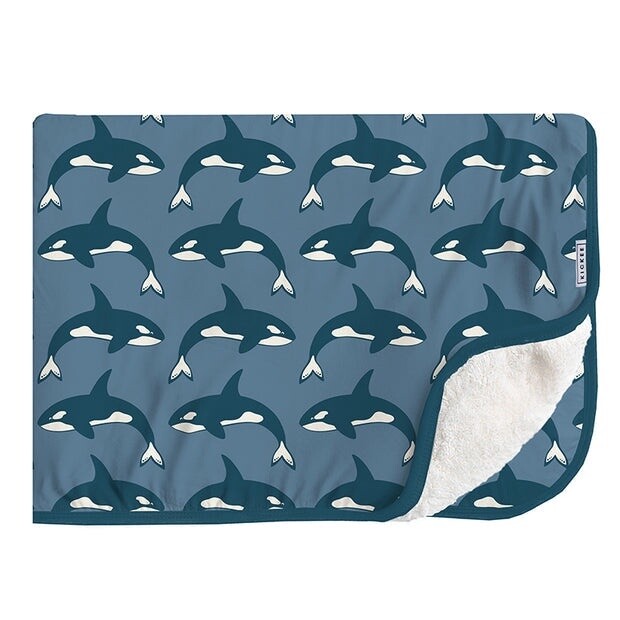 Kickee Sherpa-Lined Toddler Blanket- Parisan Blue Orca