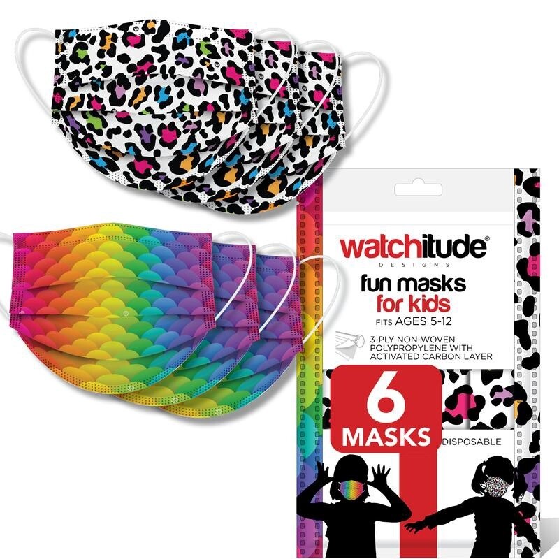 Watchitude 6 pack kids disposable non-medical face mask- leopard print &amp; rainbow