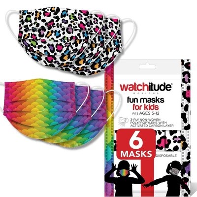 Watchitude 6 pack kids disposable non-medical face mask- leopard print & rainbow