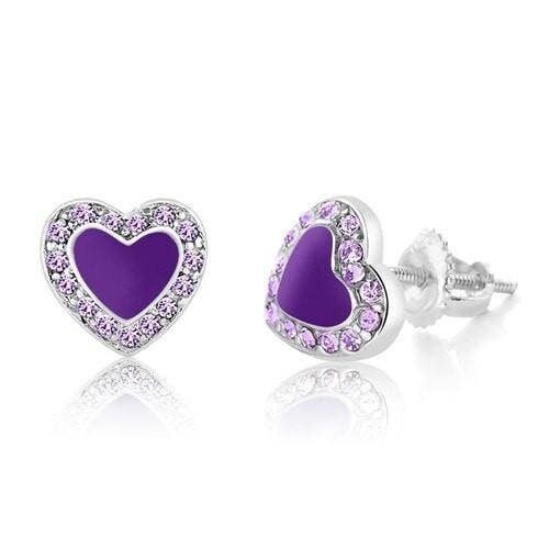 Chanteur Screwback Earrings- Purple Enamel Heart With Surrounding Crystals