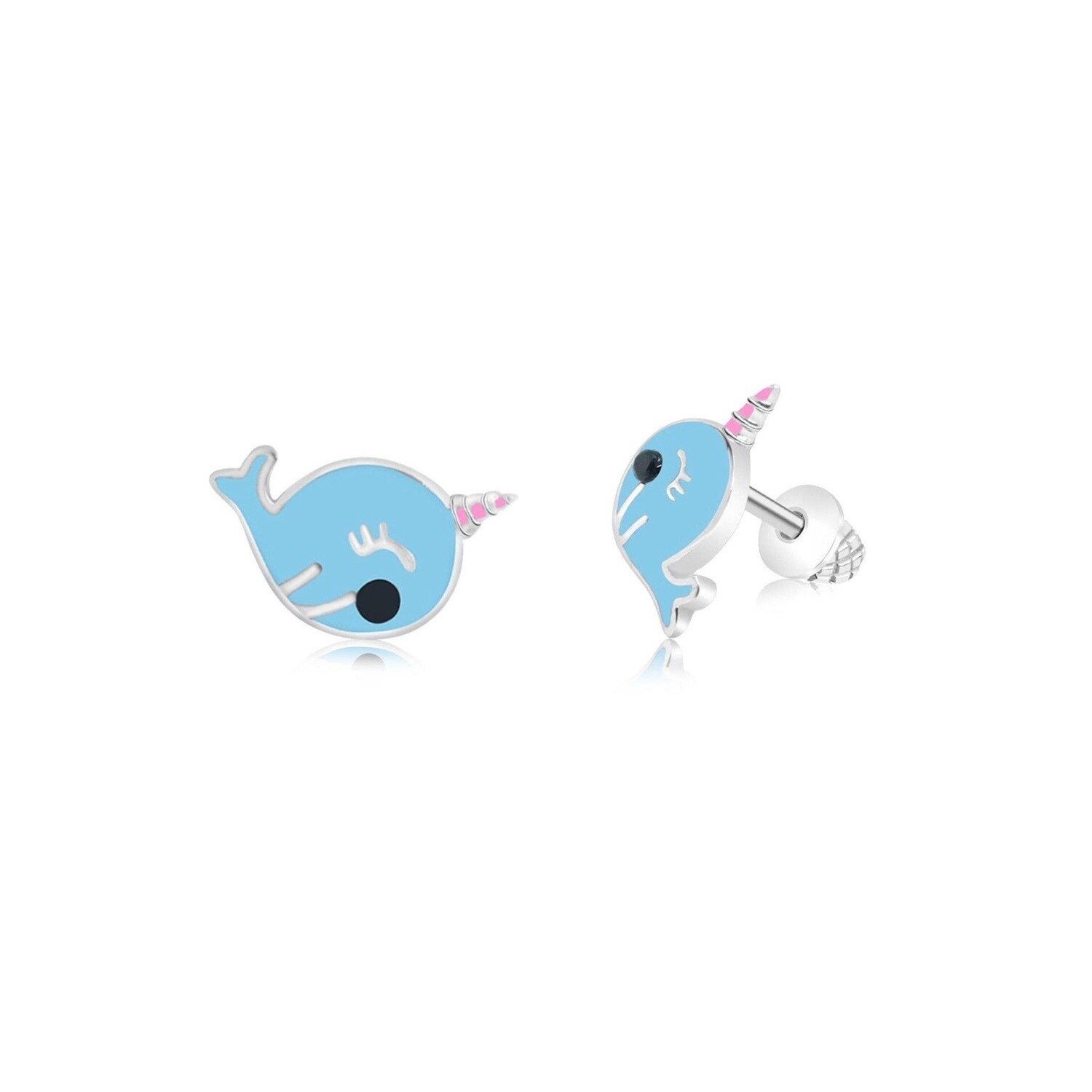 Chanteur - White Gold-Toned Blue Narwhal Screwback Earrings