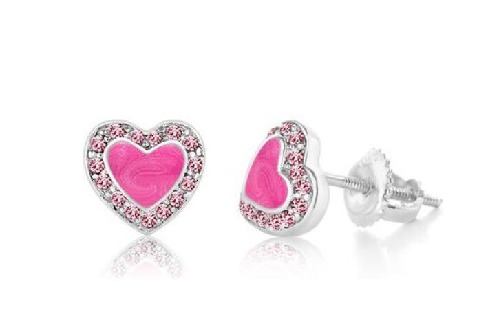 Chanteur - Pink Enamel Heart With Surrounding Crystals Screwback Earrings
