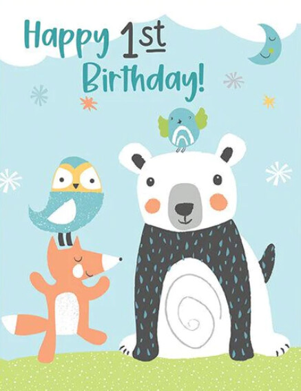 GinaB Baby Greeting Card- 1st Birthday Animal