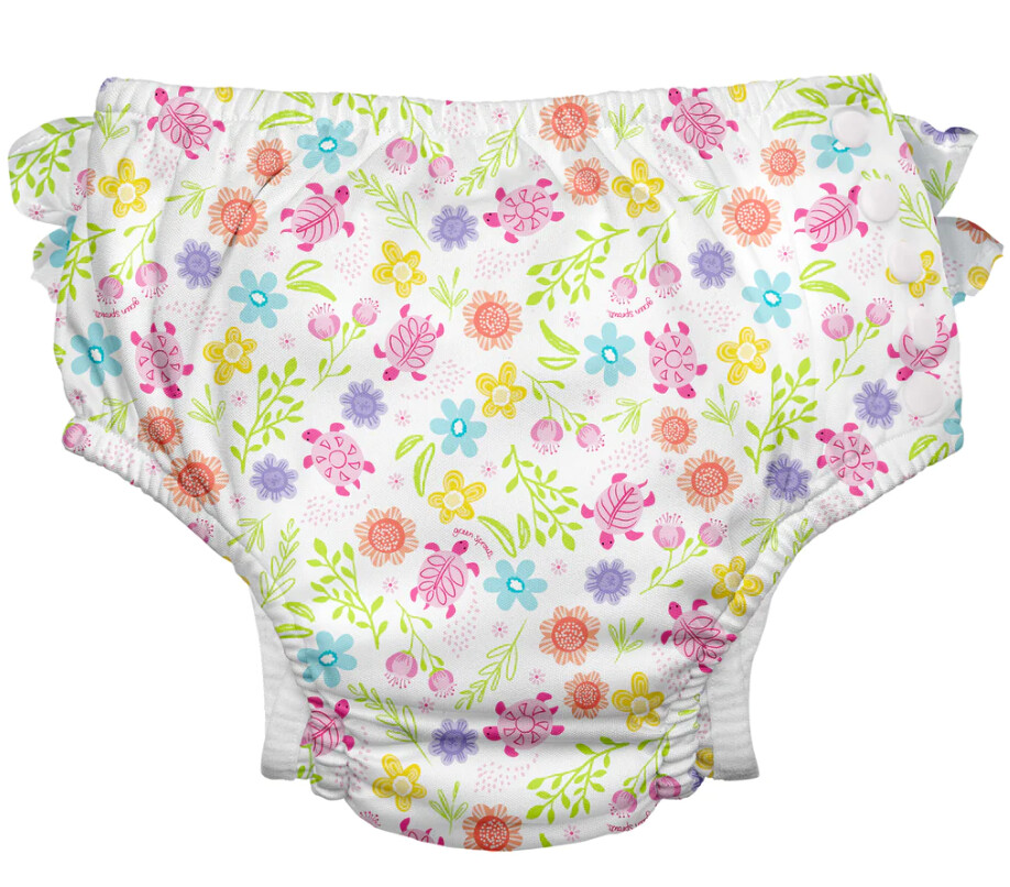 GreenSprout Ruffle Eco-Snap Swim Diaper- White Floral Turtle, Size: 6m