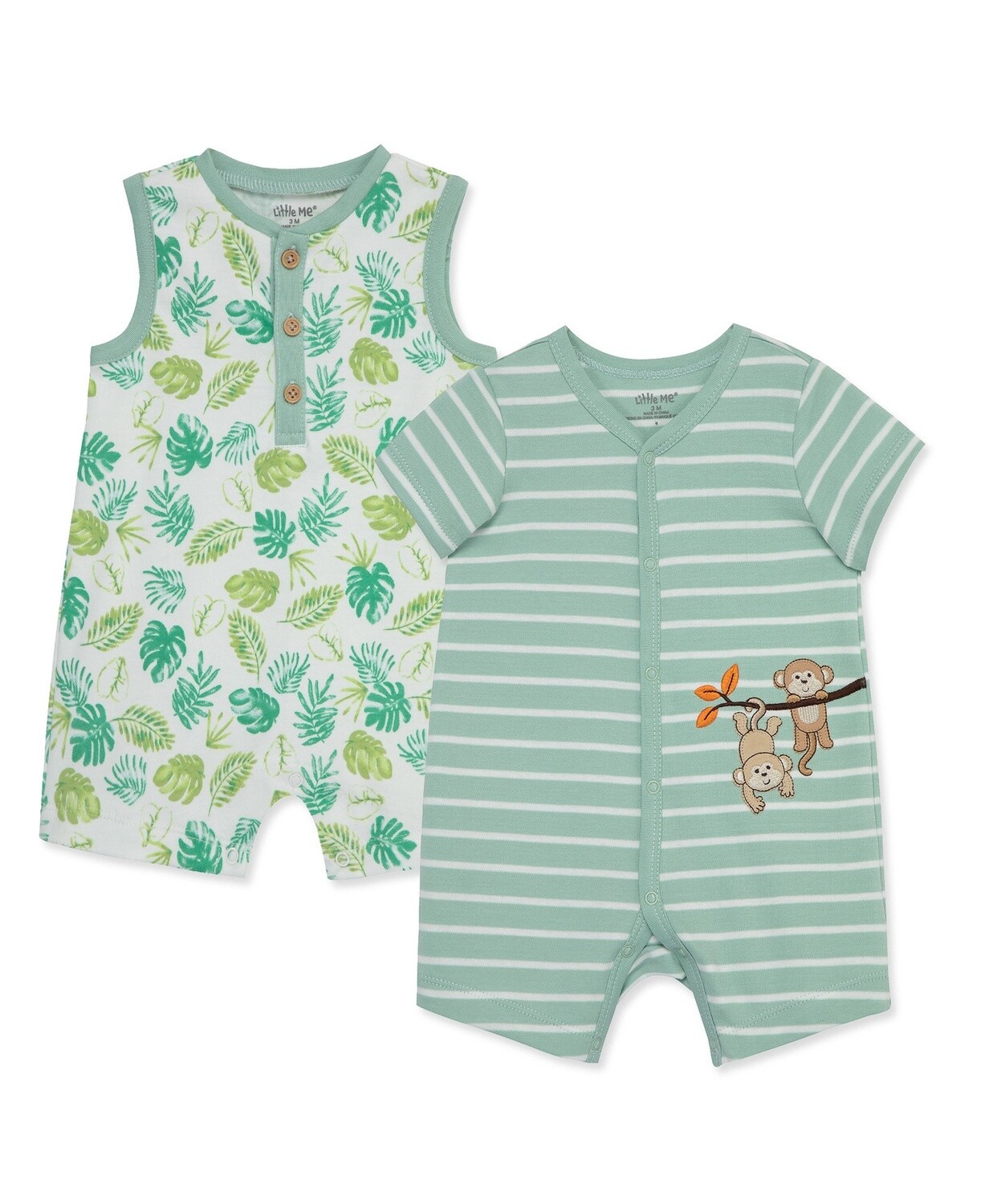 Little Me 2pk Monkey Rompers- Sage Green