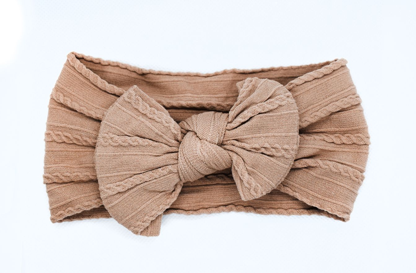 Cable Knit Nylon Bow Headband-Cocoa