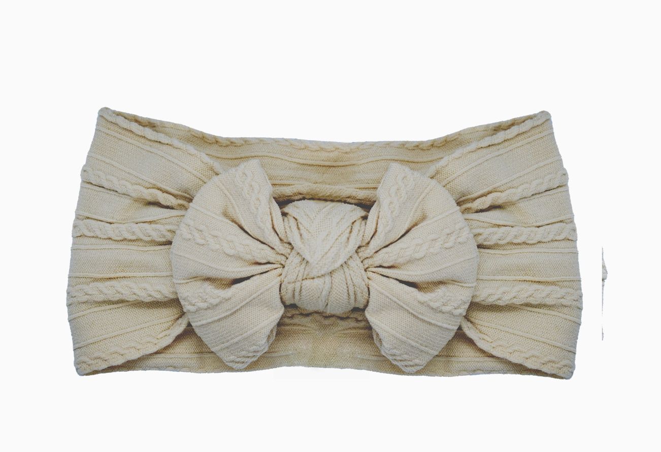Cable Knit Nylon Bow Headband- Almond
