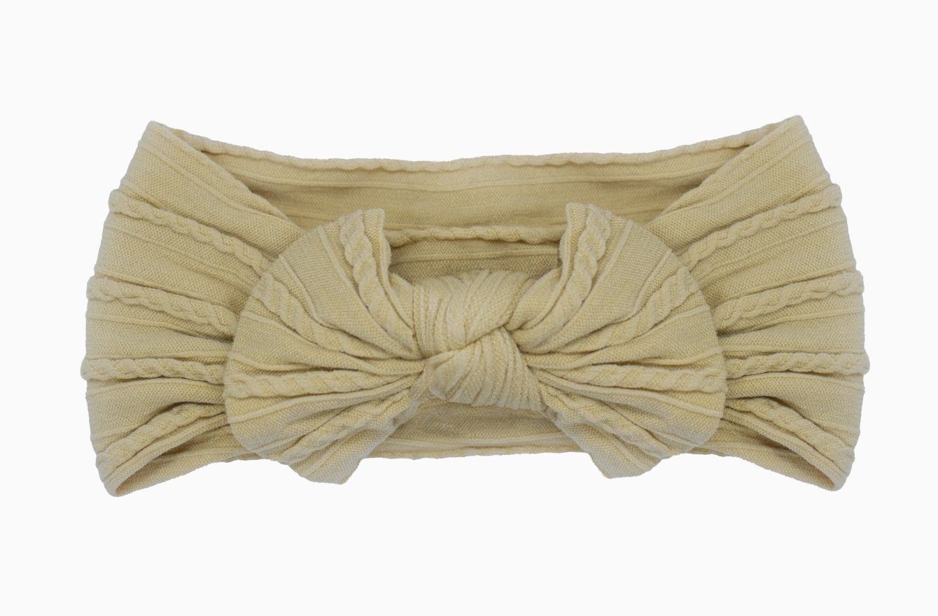 Cable Knit Nylon Bow Headband- Khaki