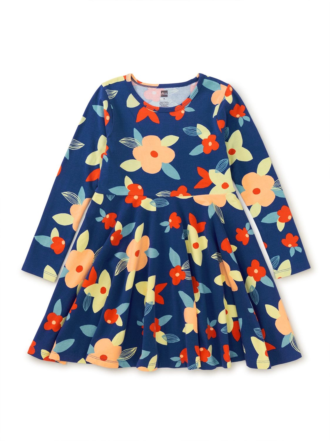 Tea Long Sleeve Floral Twirl Dress- Blue