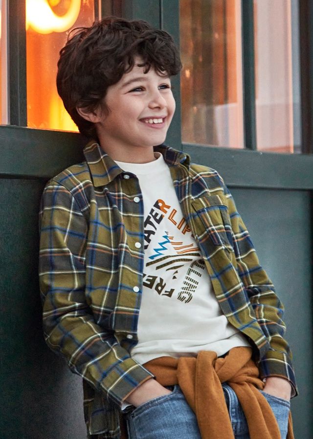 Mayoral Boys Long Sleeve Plaid Shirt- Olive