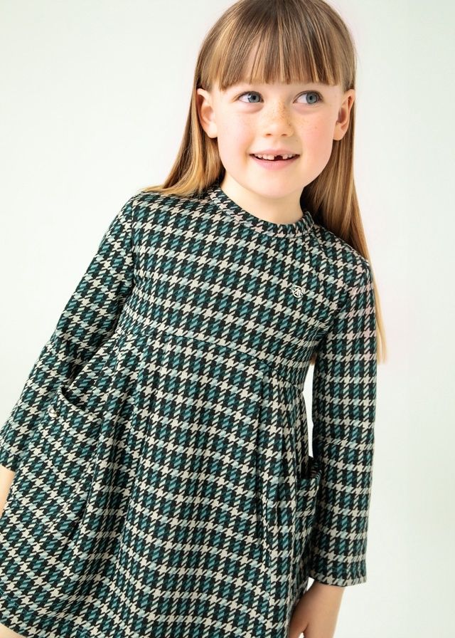 Mayoral Knit Jacquard Dress- Green Plaid