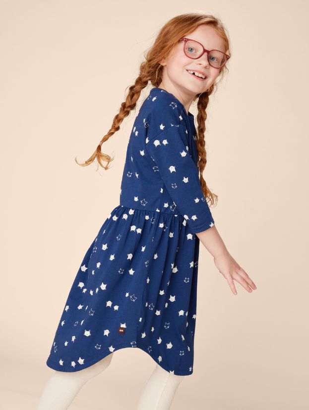 Tea long sleeve midi dress- Navy Cats