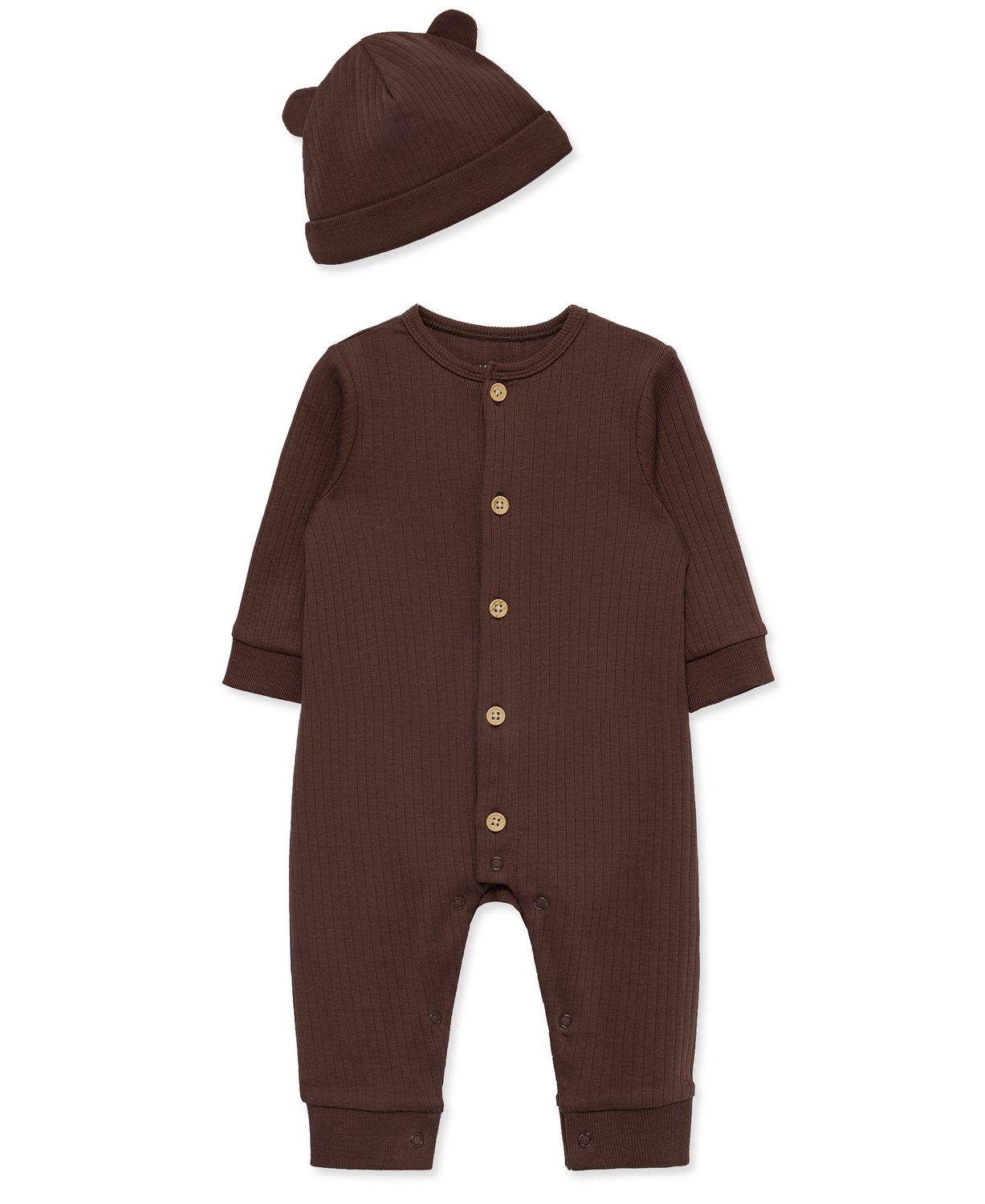 Little Me organic button-up coverall &amp; hat- brown