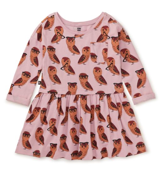 Tea Long Sleeve Pocket Play Dress- Pink Owl
