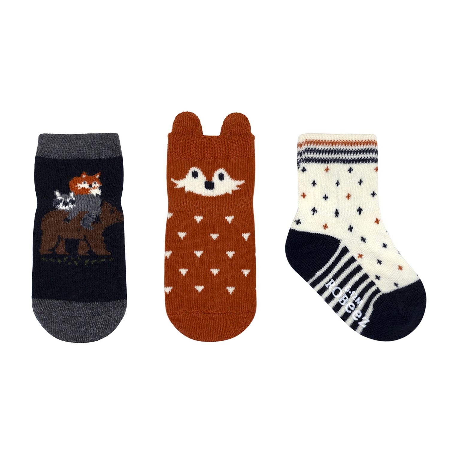 Robeez 3pk fox frnd socks- camel