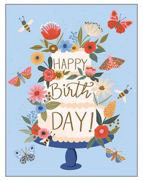GinaB Birthday Greeting Card - Blooms and Wings Cake