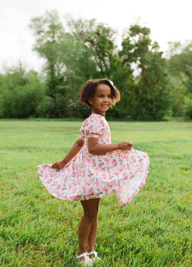 OllieJay Puff Twirl Dress-Peach Bouquet