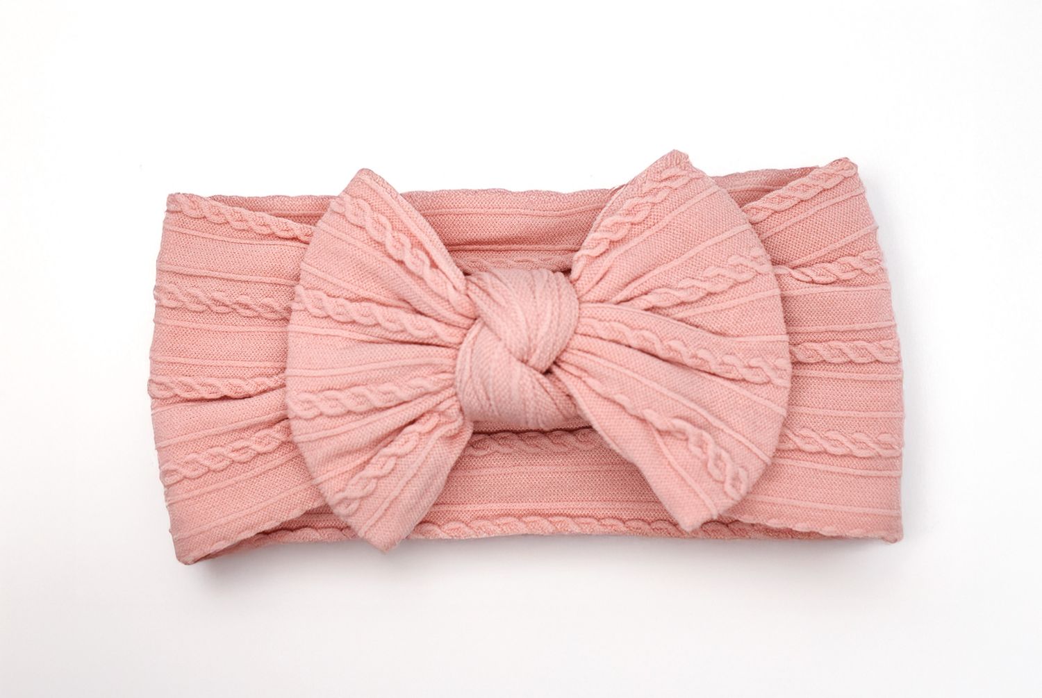 Cable Knit Nylon Bow Headband- Rose Quartz