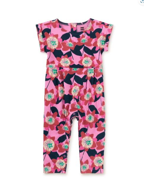 Tea Cuff Sleeve Floral Romper- Hot Pink