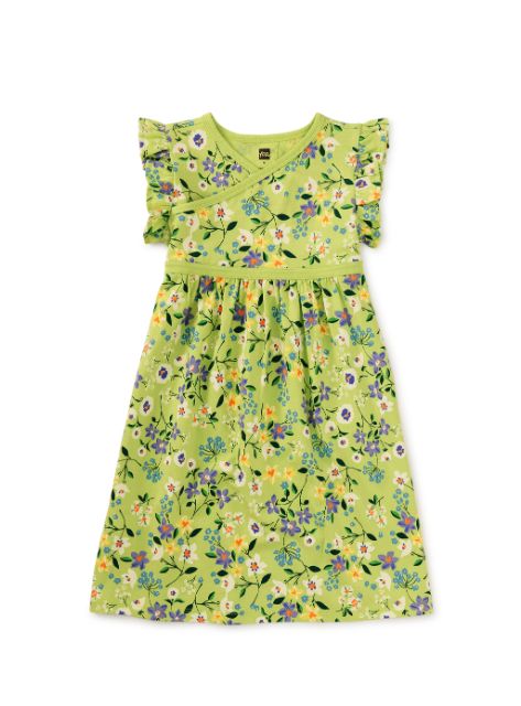 Tea Short Sleeve Mexican Floral Wrap Neck Dress-Lime Green