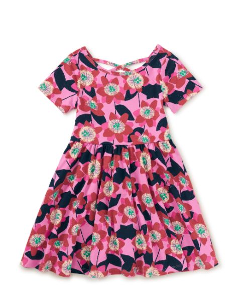 Tea Short-sleeve Ballet Floral Dress- Hot Pink