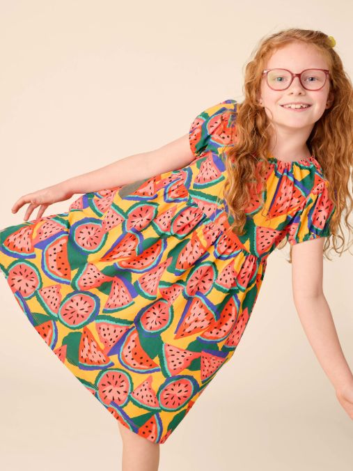 Tea Watermelon Puff Empire Dress