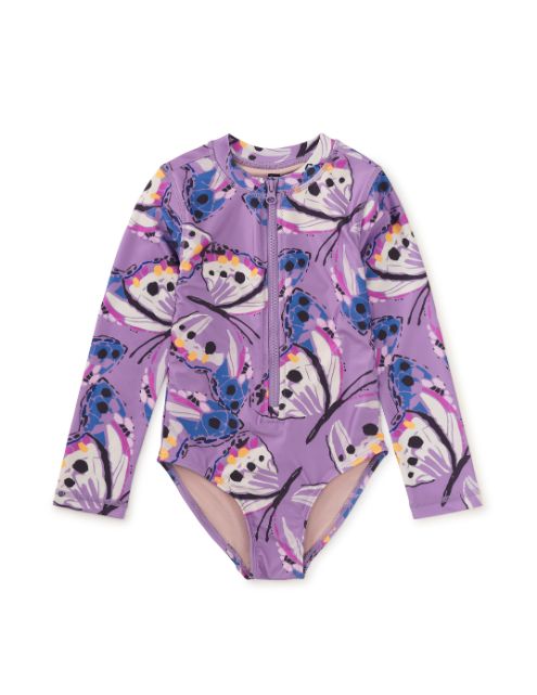 Tea One-piece Rash guard Swimsuit- Lavender Butterfly