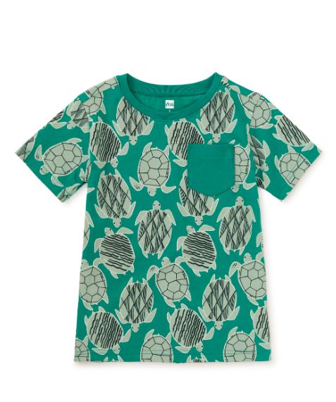 Tea Green Turtle Print Pocket Tee