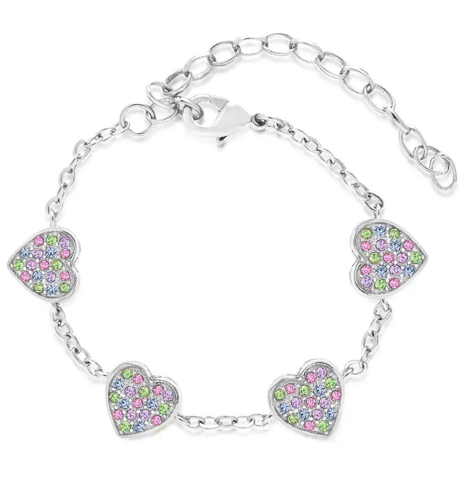 White Gold Charm Bracelet with Multi Color Crystal Hearts