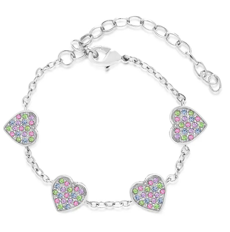 White Gold Charm Bracelet with Multi Color Crystal Hearts