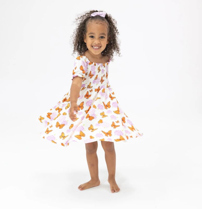 Angel Dear Monarch Butterflies and Milkweed Puff Sleeve Smocked Dress