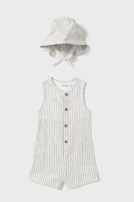 Mayoral Striped Shortall &amp; Hat- Natural