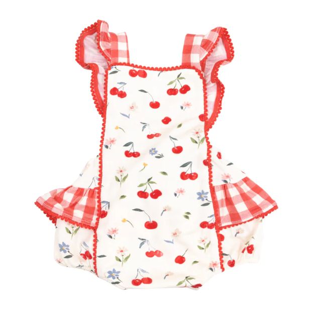 Angel Dear Watercolor Cherries &amp; Gingham Ric-Rac Ruffle Sunsuit, Size: 0-3M