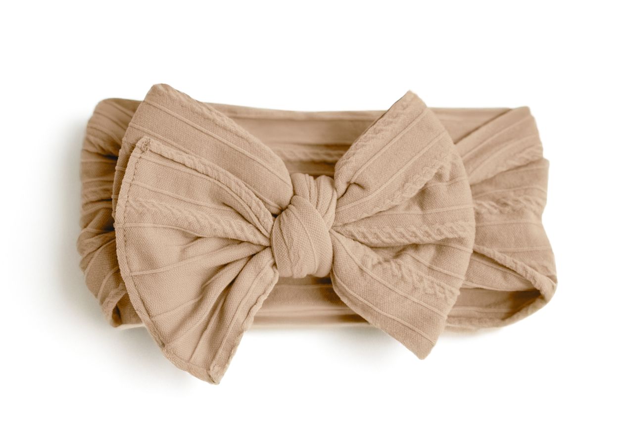 Cable Knit Nylon Bow Headband- Beige