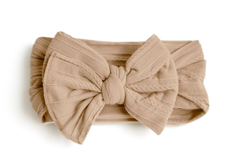 Cable Knit Nylon Bow Headband- Beige