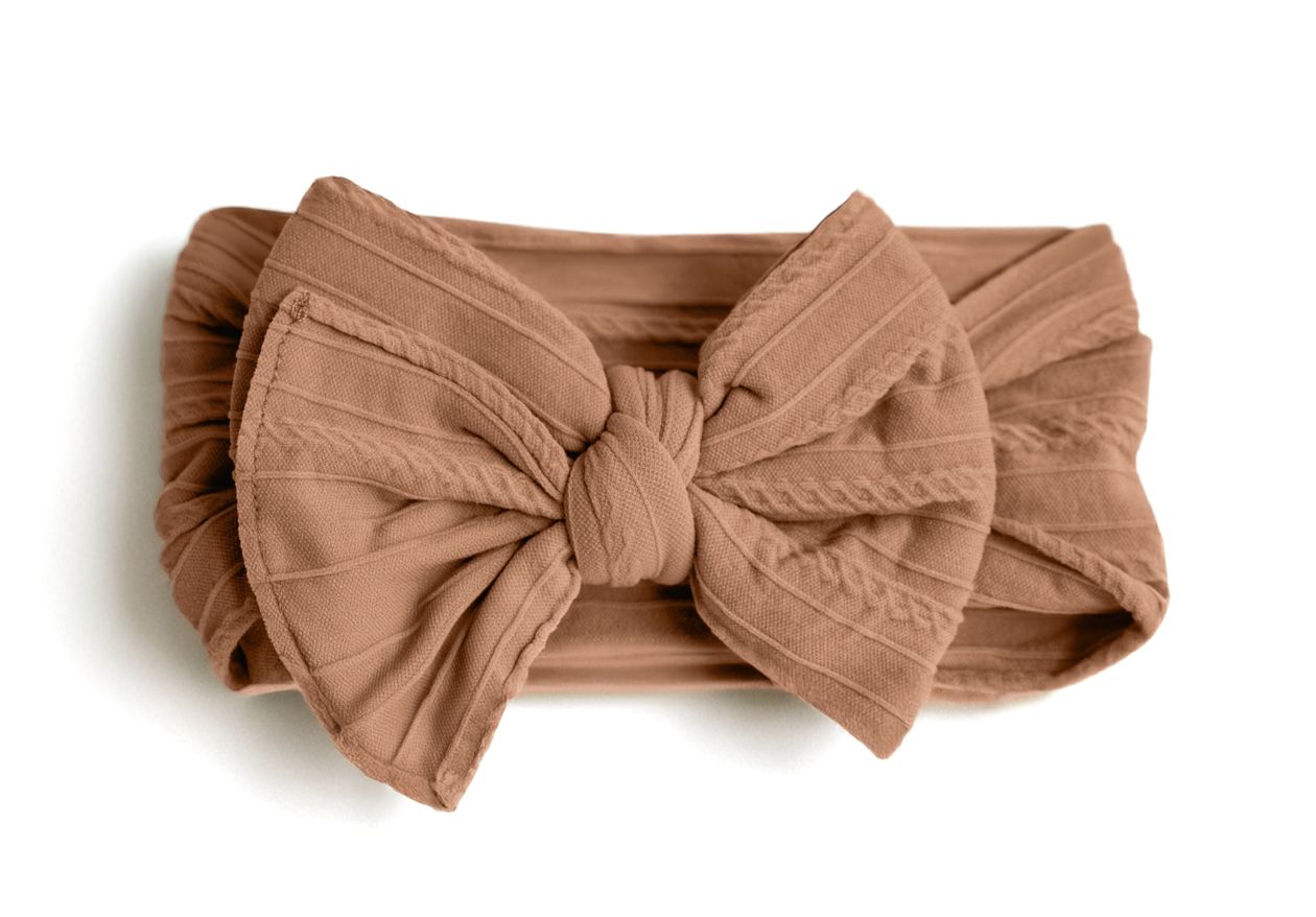 Cable Knit Nylon Bow Headband- Camel