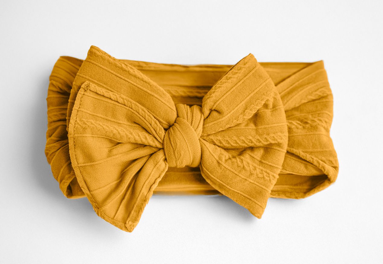 Cable Knit Nylon Bow Headband- Gold