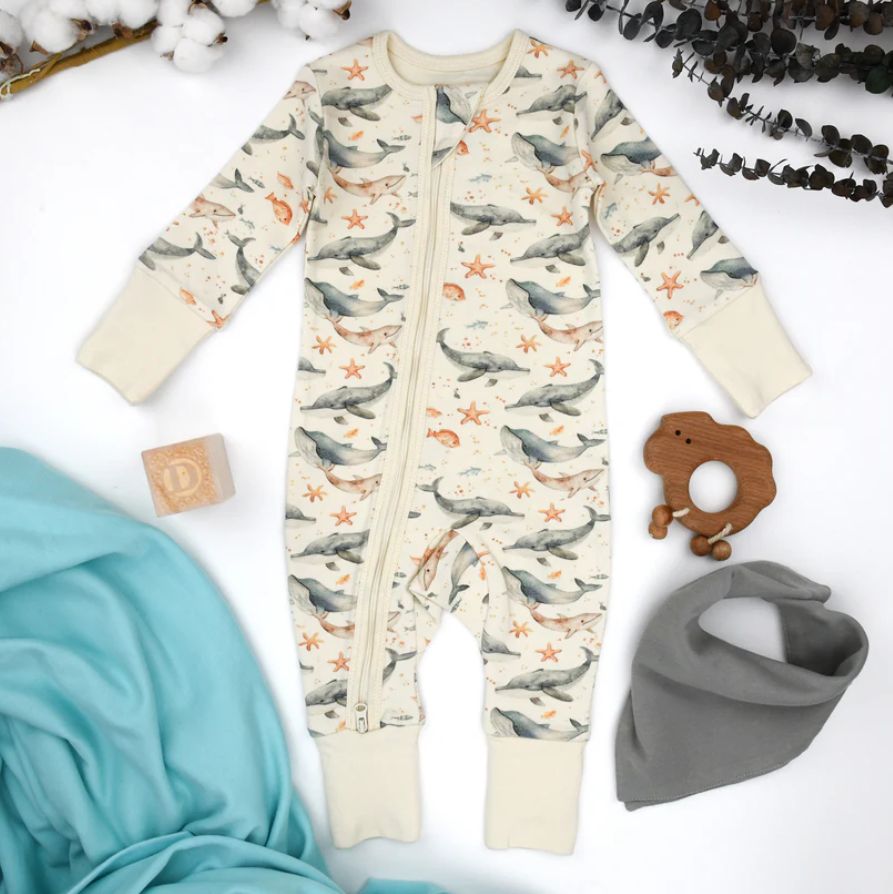 Earthy Blue Whale Organic Zip Pajamas