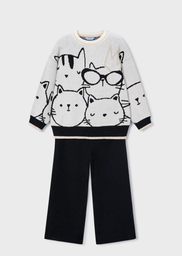 Mayoral Cats Knit Pant Set- Black
