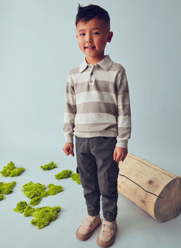 Mayoral Striped Knit Polo- Beige