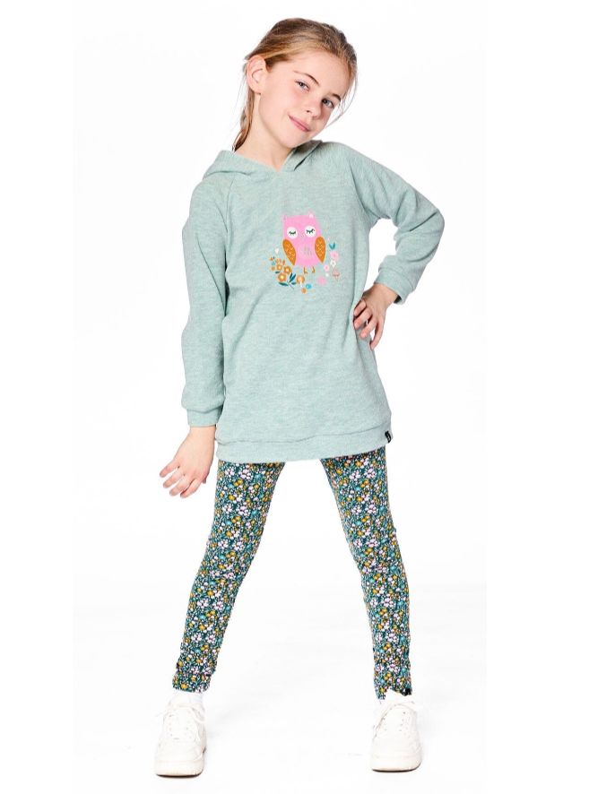 Deux Par Deux Owl Hoodie Tunic- Light Green
