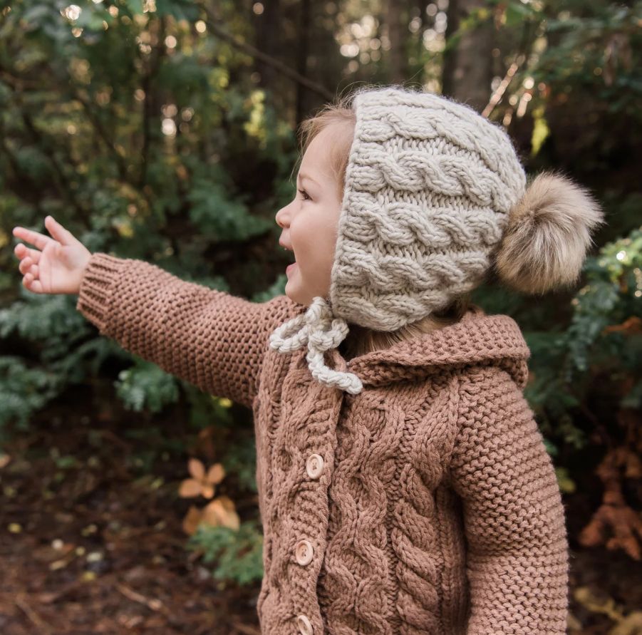 Huggalugs Pom Cable Knit Bonnet- Oatmeal
