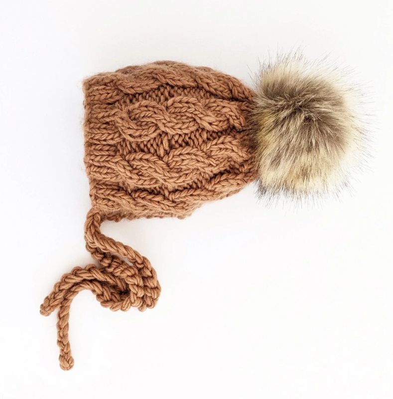 Huggalugs Pom Cable Knit Bonnet- Pecan