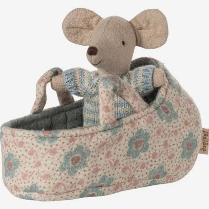 Maileg Baby Mouse in Carry Cot- blue