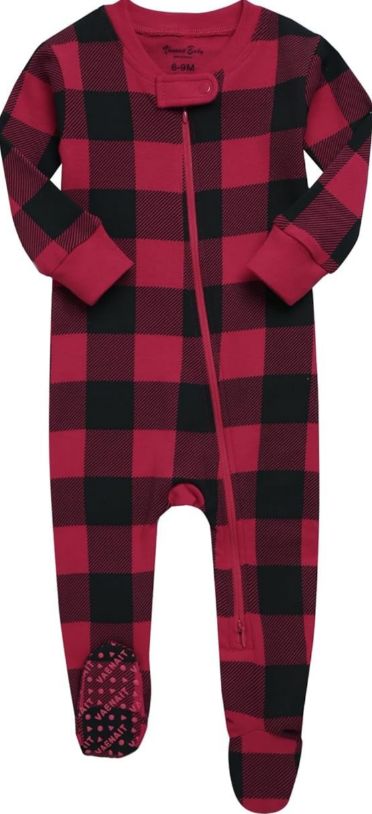 Vaenait Baby Long Sleeve Buffalo Plaid Footie- Red/Black