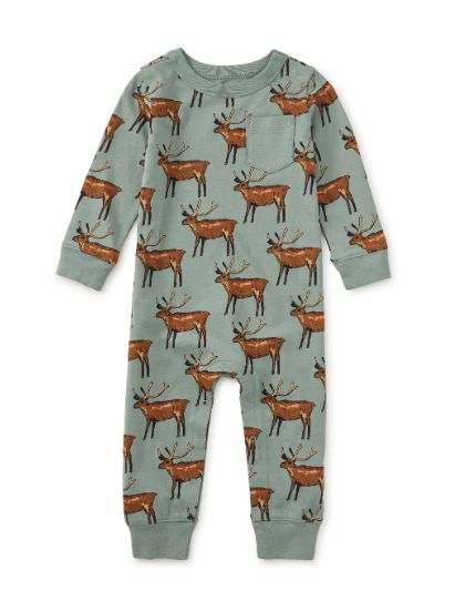 Tea Long Sleeve Deer Pocket Romper- Grey