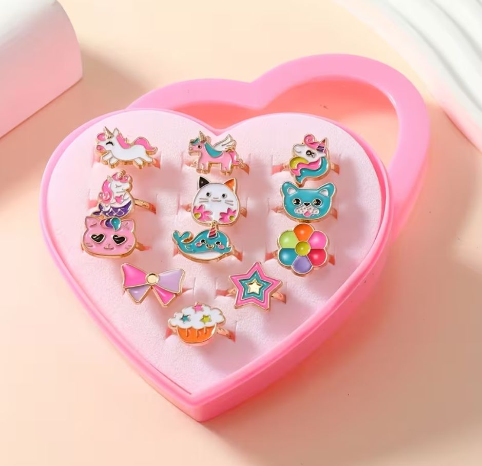 12-pack Enamel Unicorn Rings in Heart Case