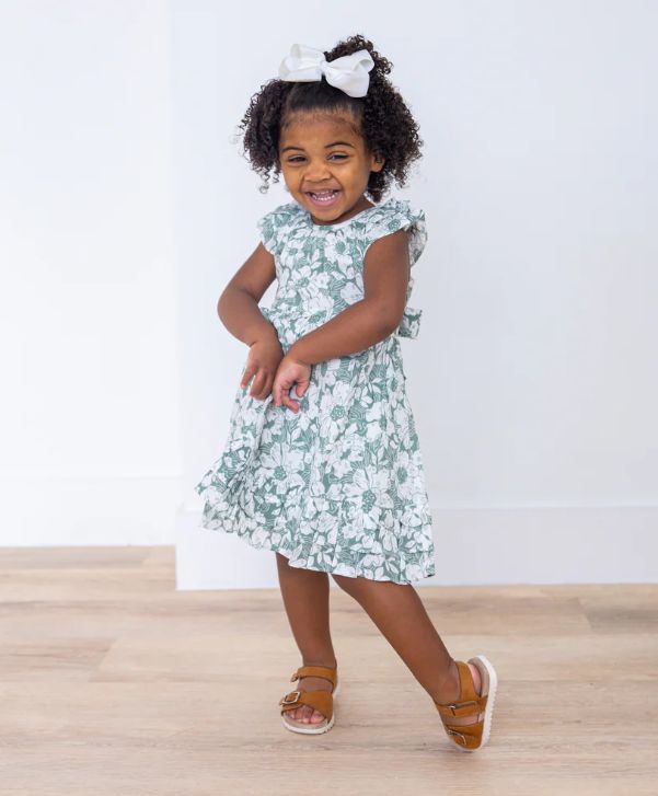 Yo Baby ruffle bottom green floral tie-back dress